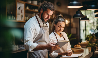 Radiant couple in aprons enjoying a cafe