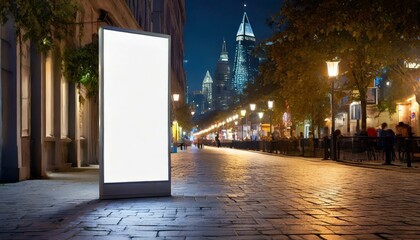 blank white vertical advertising banner mockup illuminated against the nighttime backdrop of a city...