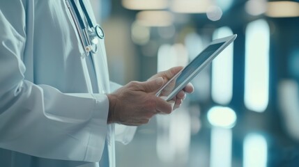 A doctor using a digital tablet to access electronic medical records.