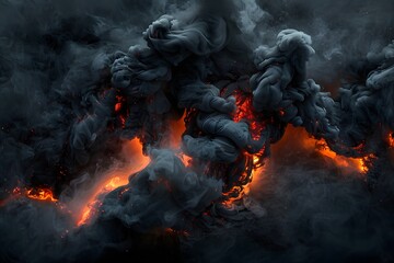 charcoal curls of smoke with burning red and orange embers within it, cloudy - obrazy, fototapety, plakaty