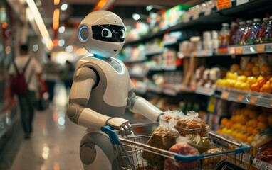 A humanoid robot with large expressive eyes is seen operating a shopping cart down a grocery store aisle, closely surrounded by an assortment of fresh produce and grocery items