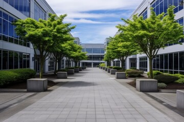 Advanced computing center surrounded by lush greenery in tranquil natural environment