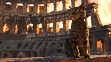 In the futuristic Colosseum, grimoires unlock mysteries, a cat with cybernetic enhancements prowls, ancient meets modern , minimalist, close-up, 8K