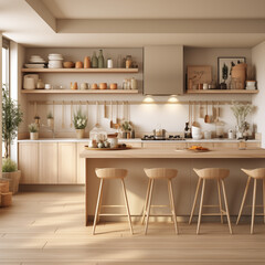 Fototapeta na wymiar Minimalistic modern wooden kitchen on house with large windows. Modern apartment interior design. Real estate concept