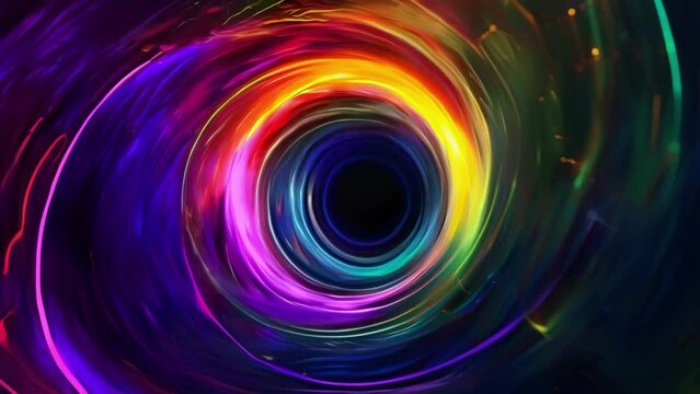 A swirling vortex of rainbow colors on a black background evokes a sense of otherworldly energy.