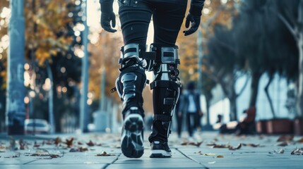 A person wearing exoskeleton technology to enhance physical abilities.