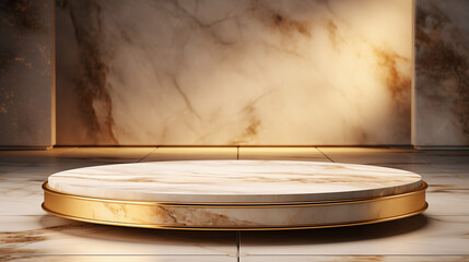 Luxury round golden pedestal podium stage backdrop for product promotion, white and gold marble texture. Beauty product promotion platform display mockup
