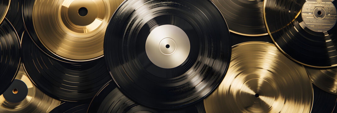 A Nostalgic Collection of Unmarked Vinyl Records Fanning Out From a Special Edition Black and Gold Album