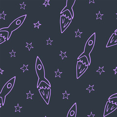 rocket flies among the stars seamless pattern. hand drawn doodle style.