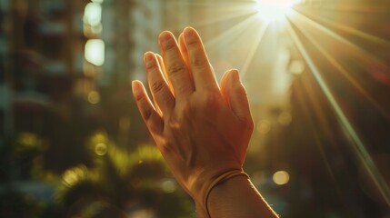 Close-up of hands bound in prayer position during yoga, sunlight filtering through fingers