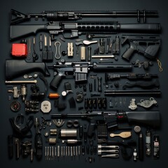 A close up of a gun with many parts and pieces - obrazy, fototapety, plakaty