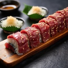 Wagyu beef sushi roll on cutting board