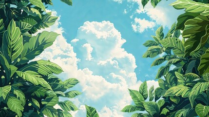 Springtime Illustration Background with Foliage, Bright Blue Sky and Fluffy Clouds. Nature Wallpaper with copy-space.