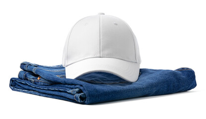 White Baseball Cap on Folded Blue Denim Jeans Against White Background
