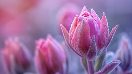 Pink flowers with frost glistening in sunlight - Powered by Adobe