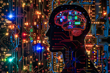 Digital brain and circuitry silhouette