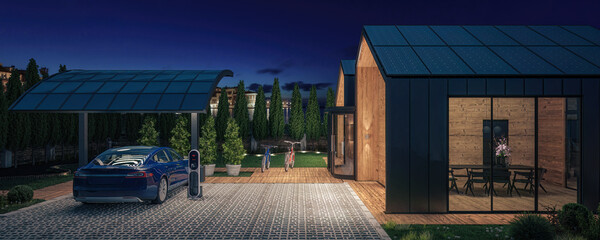 Green Energy on a Modern Home With Charging Station for Electric Car by night - panoramic 3D Visualization - 781084054