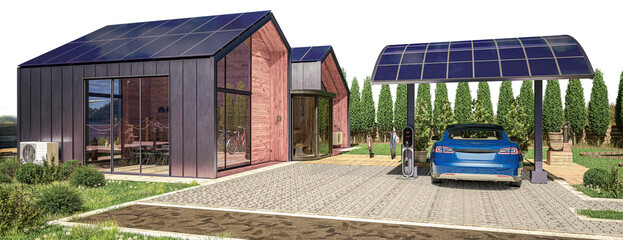 Energy Supply at a Family House With Heat Pump & Solar Charging Station for Electric Car - 3D Visualization - obrazy, fototapety, plakaty