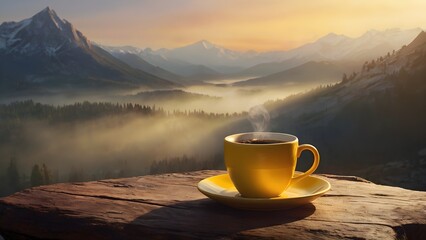 Yellow cup of tea morning in the mountains : Tea moment with sunrise mountain backdrop - obrazy, fototapety, plakaty