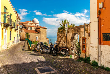 The Amalfi coast of Italy. The village of Raito. View of the street buildings and the sea.