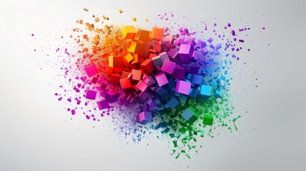 Swirling or bursting cubes of colors. Rising creativity concept. Cluster of multiple colorful cubes rising on neutral grey background.  Shallow depth of field. 3D illustration, 3D rendering.