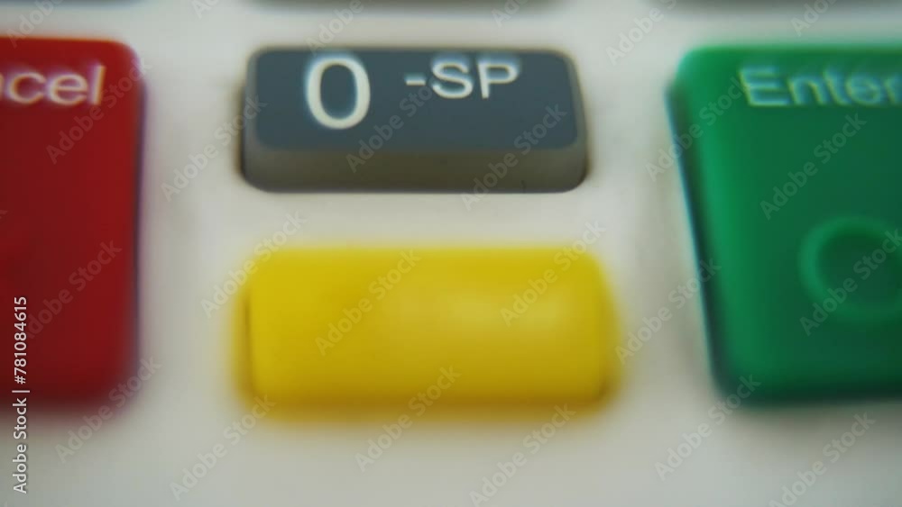 Poster a macro close up shot of a pin pad numbers and letters on colorful buttons, smooth tilt down movemen