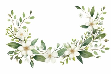 Watercolor edelweiss clipart with small white flowers and green leaves. flowers frame, botanical border, Design template for postcard, invitation, printing, wedding, isolated on white background. - obrazy, fototapety, plakaty