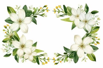 Watercolor edelweiss clipart with small white flowers and green leaves. flowers frame, botanical border, Design template for postcard, invitation, printing, wedding, isolated on white background. - obrazy, fototapety, plakaty