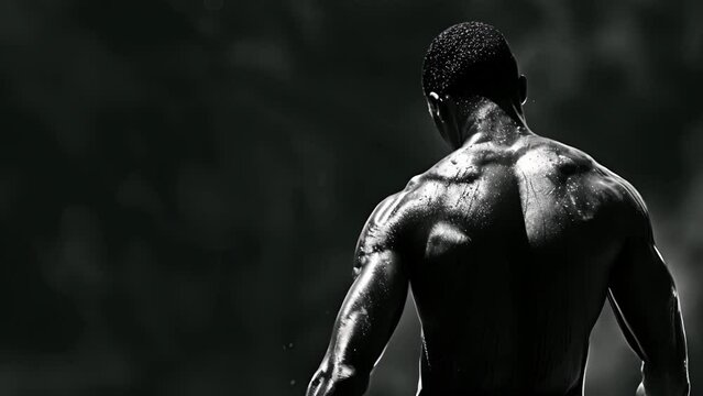 The muscles in a sprinters back tensed and ready for the explosive start of the race.