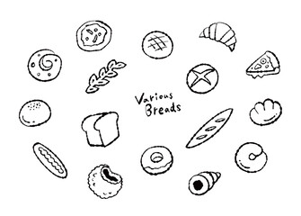 Line drawing illustrations of various types of bread (black and white)　いろいろな種類のパンの線画イラスト（白黒）
