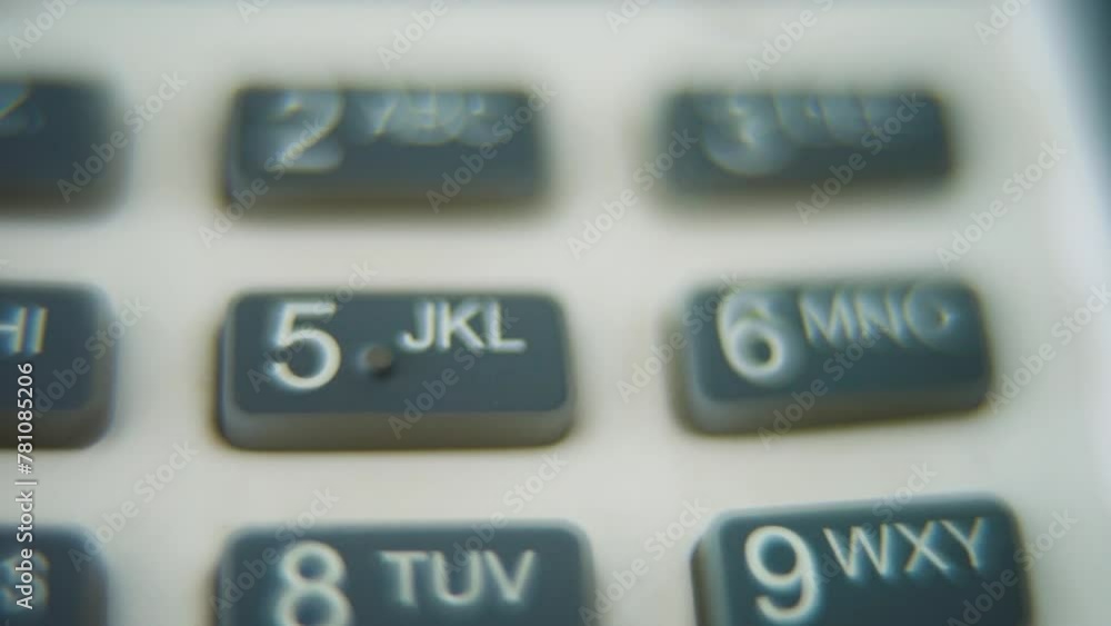Poster a macro close up shot of a pin pad numbers and letters on colorful buttons, zoom in movement, full h