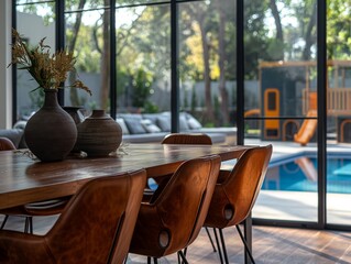 Modern dining area overlooking pool contemporary home interior design outdoor view relaxed atmosphere aesthetic appeal for entertaining
