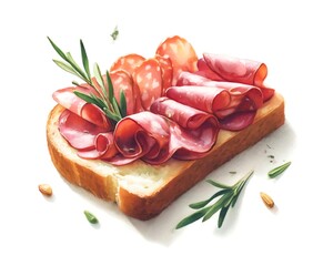 Watercolor Painting of Salami Toast