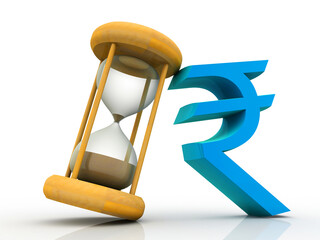 3D illustration Rupee currency sign with sand timer
