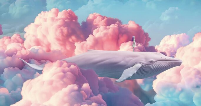 Chill fantasy loop animation collage. Girl travels in the clouds on a white whale. Ideal for musical relax background.