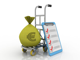 

3D rendering euro currency symbol with money bag in trolley
