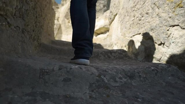 Man Tourist Exploring The Ancient Thracian City Of Perperikon In Bulgaria - Slow Motion