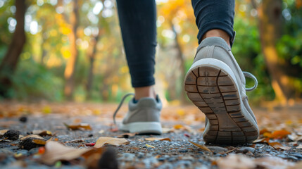 Close up portrait of woman feet, wearing shoes, walking in park, relaxing and calm environment