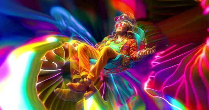 Chill loop animation collage. Hippie relaxes in a psychedelic space. Ideal for musical background.