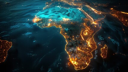 The image shows the Africa continent with glowing golden lights, delineating the populous areas - obrazy, fototapety, plakaty