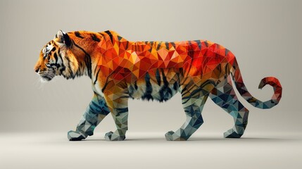 A striking artwork blending a realistic tiger head with a body composed of vivid geometric patterns...