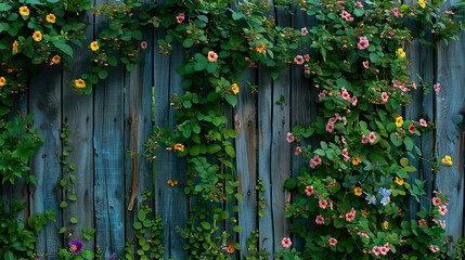 A garden fence covered in climbing plants and flowers, adding color and texture to the garden landscape.