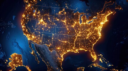Featuring the USA map with bright network lights showing active connections during dusk, representing technology and communication