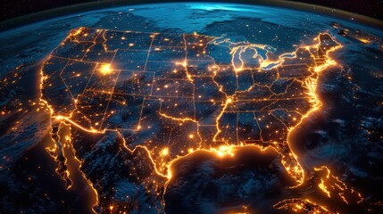 A striking view of America from space, with bright network lines showing communication and travel routes