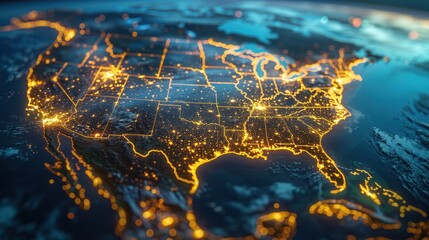 Sharp image of the United States map with a network of connections representing travel and data flow - obrazy, fototapety, plakaty