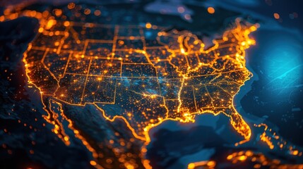 The image depicts a digital representation of the United States with glowing lines and dots illustrating city connections and network