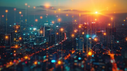 The aerial shot captures a bustling city at sunset with added digital effects of glowing lines symbolizing network and data