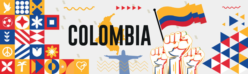COLOMBIA Map and raised fists. National day or Independence day design for COLOMBIA celebration. Modern retro design with abstract icons. Vector illustration.