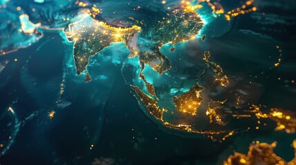 This digital artwork showcases the continents of Asia and Oceania glowing with lights, symbolizing urbanization - obrazy, fototapety, plakaty