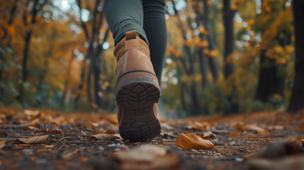 Close up portrait of leather boot hiker walking on autumn forest, fallen leaves on ground